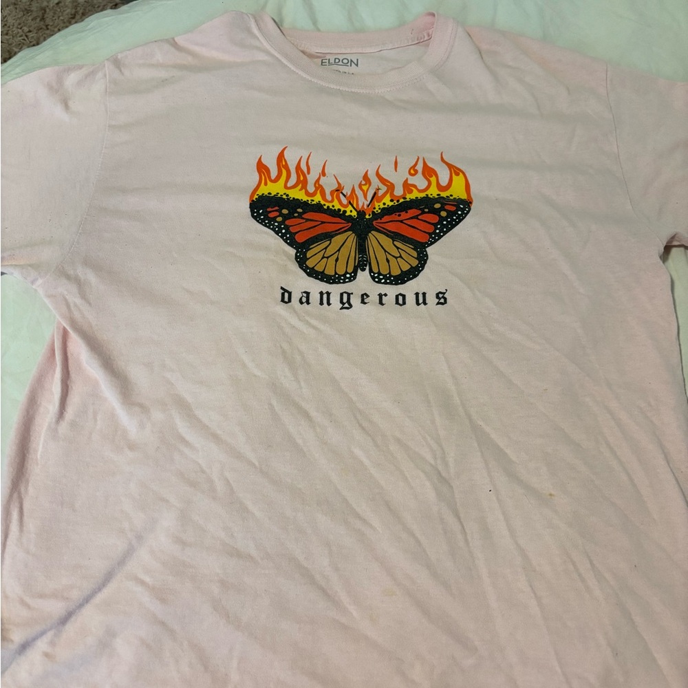 Short sleeve light pink shirt with butterfly flames on front